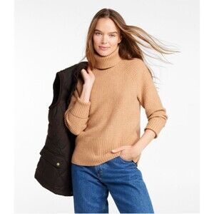 LL Bean Super Soft Waffle Sweater Womens XL Camel Turtleneck Side Zip Fisherman